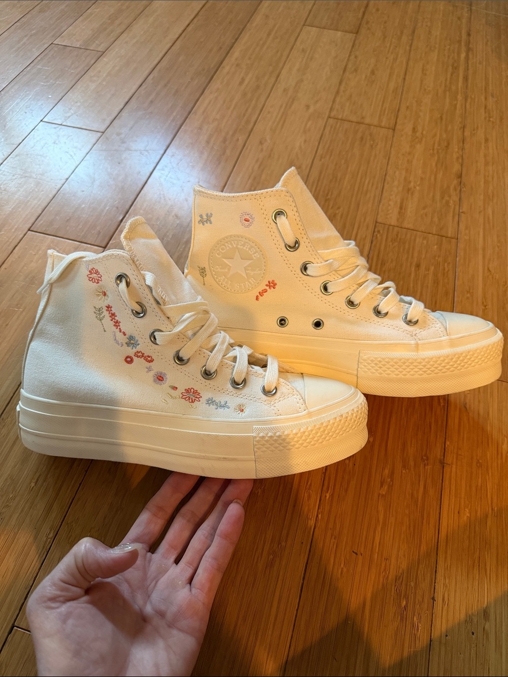 Converse Cream High-Top Platform Sneakers with Small Floral Embroidery